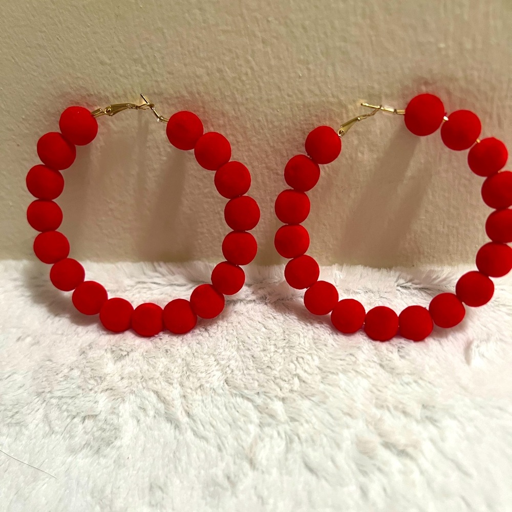Red Soft Ball Loop Earrings